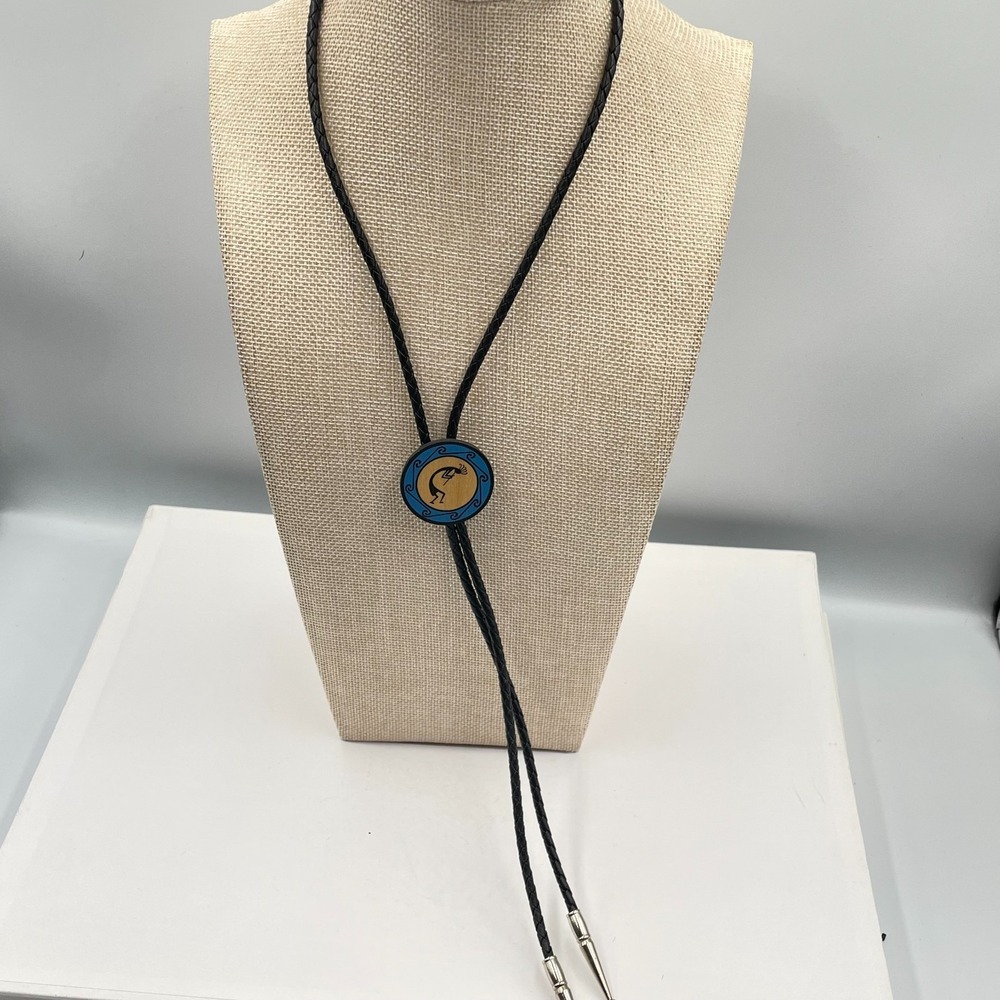 Kokopelli Bolo Tie Southwestern Wood Inlay Pendant Braided Leather Cord Western